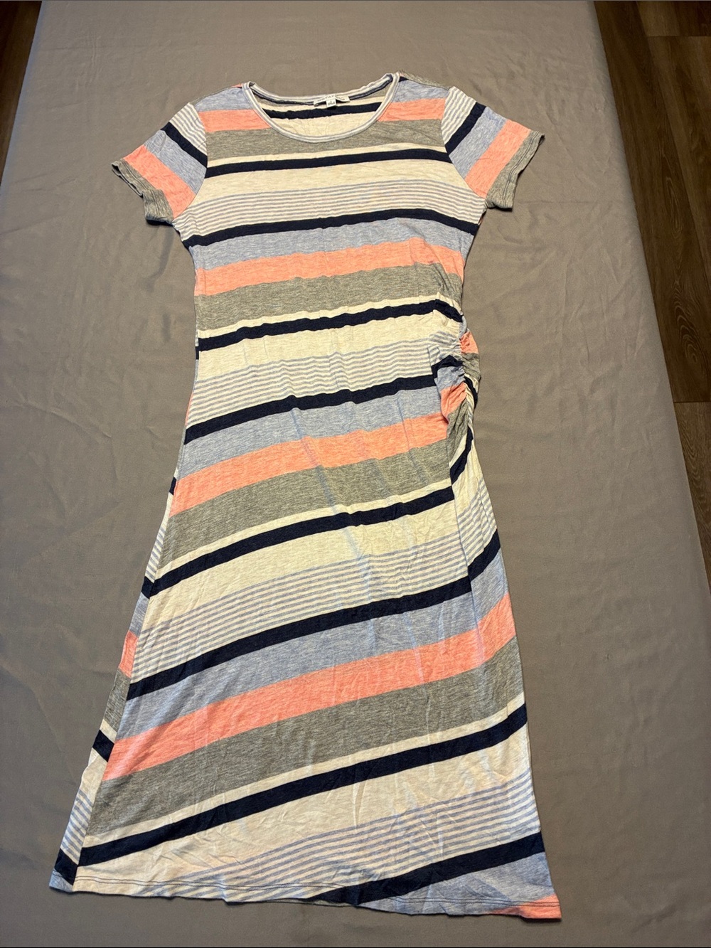 Notations Striped Short-Sleeve Midi Dress in Coral, Navy & Gray